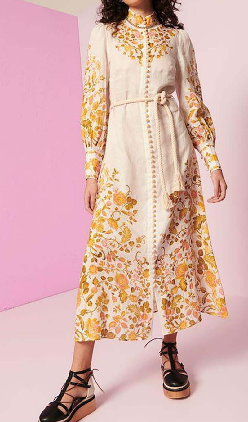 FLORAL-PRINT ROPE BELT MIDI DRESS IN IVORY DRESS styleofcb 