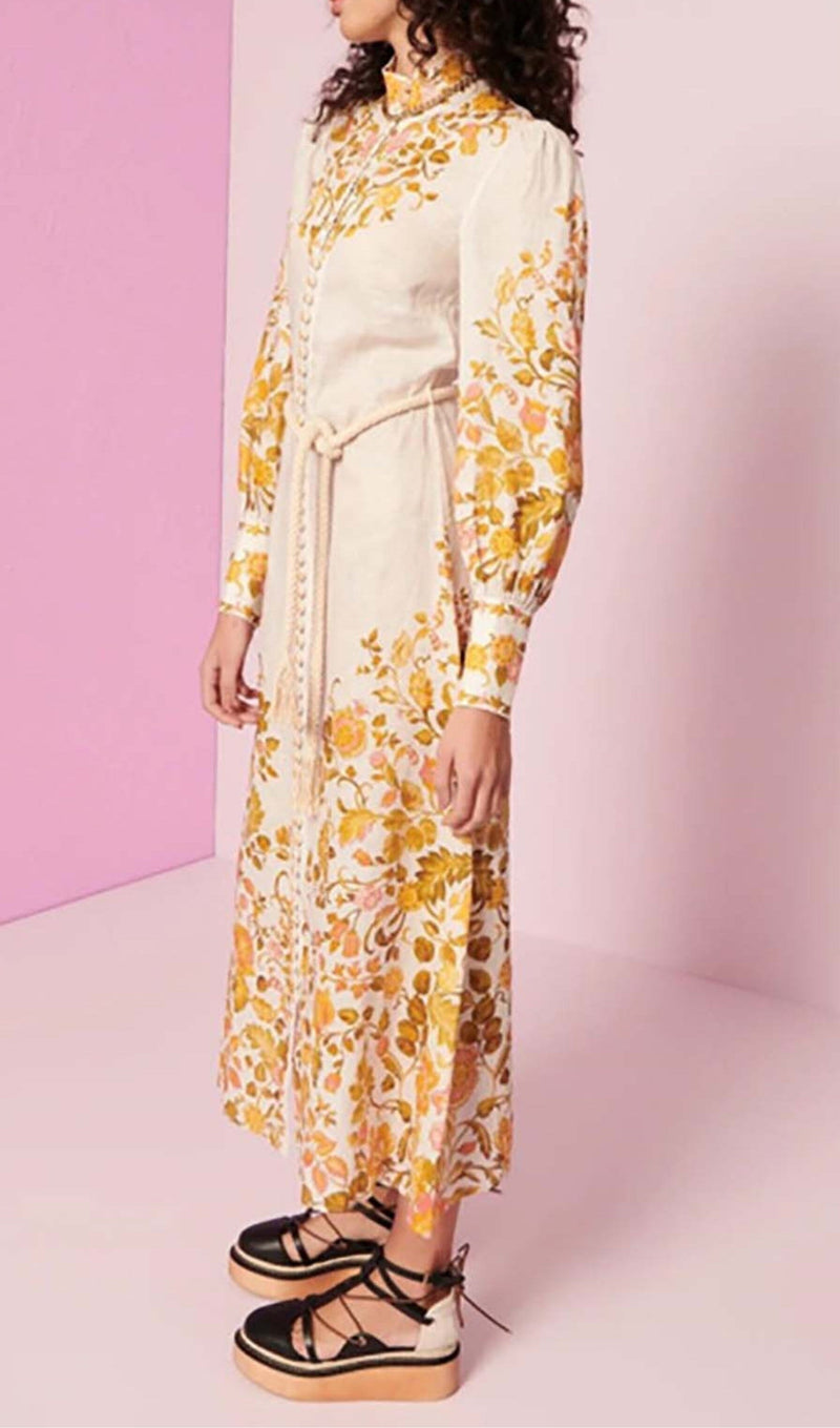 FLORAL-PRINT ROPE BELT MIDI DRESS IN IVORY DRESS styleofcb 