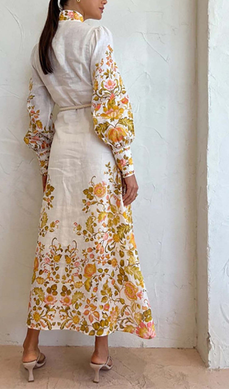 FLORAL-PRINT ROPE BELT MIDI DRESS IN IVORY DRESS styleofcb 