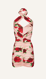 FLORAL- PRINT HALTER MINI DRESS IN CHERRY BLOSSOM DRESS STYLE OF CB 