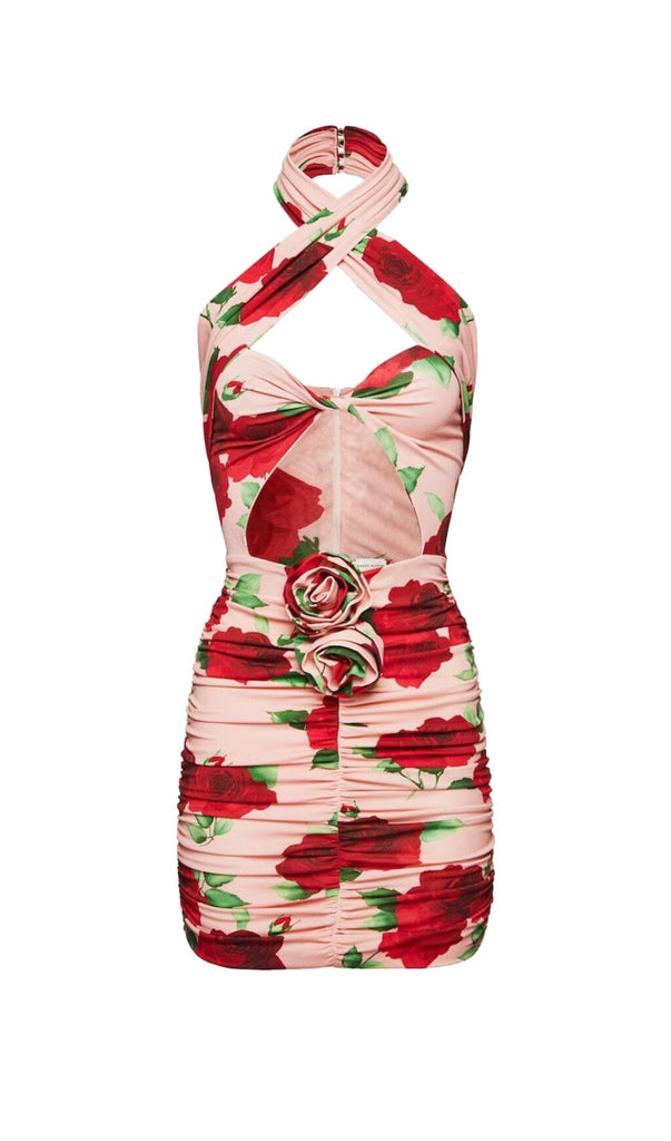 FLORAL- PRINT HALTER MINI DRESS IN CHERRY BLOSSOM DRESS STYLE OF CB 