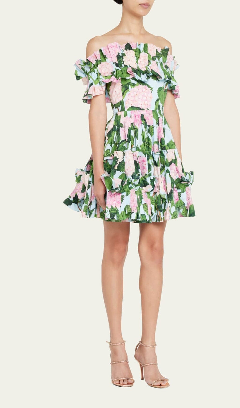 FLORAL-PRINT RUFFLE MINI DRESS IN OLIVE DRESS STYLE OF CB 