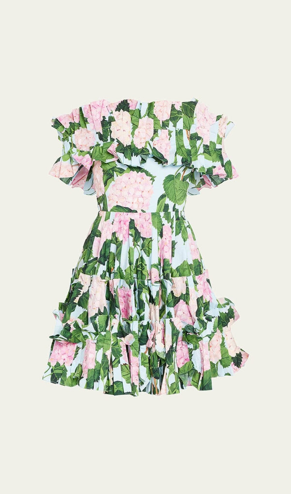 FLORAL-PRINT RUFFLE MINI DRESS IN OLIVE DRESS STYLE OF CB 