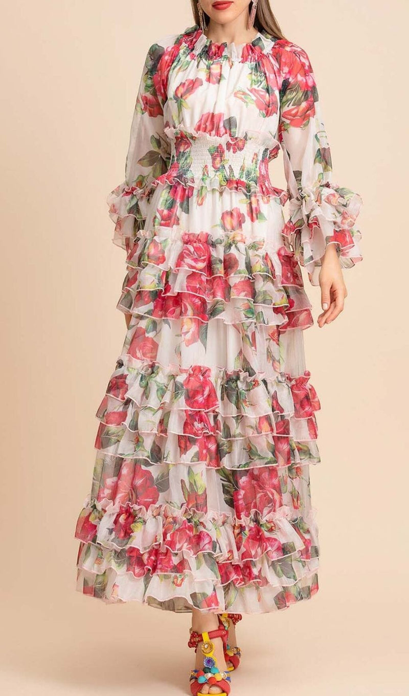 FLORAL TIERED MIDI DRESS IN PINK DRESS STYLE OF CB 