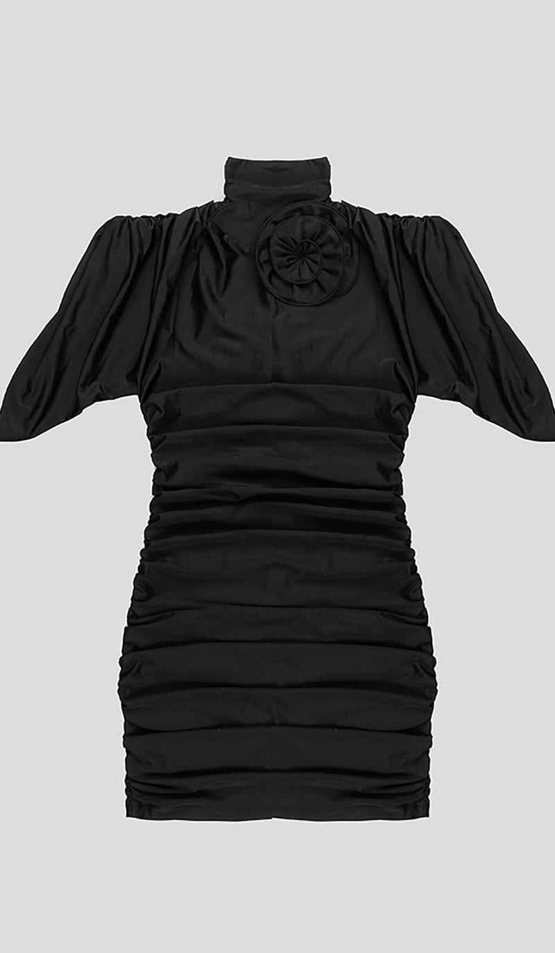 FLOWER-EMBELLISHED RUCHED MINI DRESS IN BLACK DRESS STYLE OF CB 