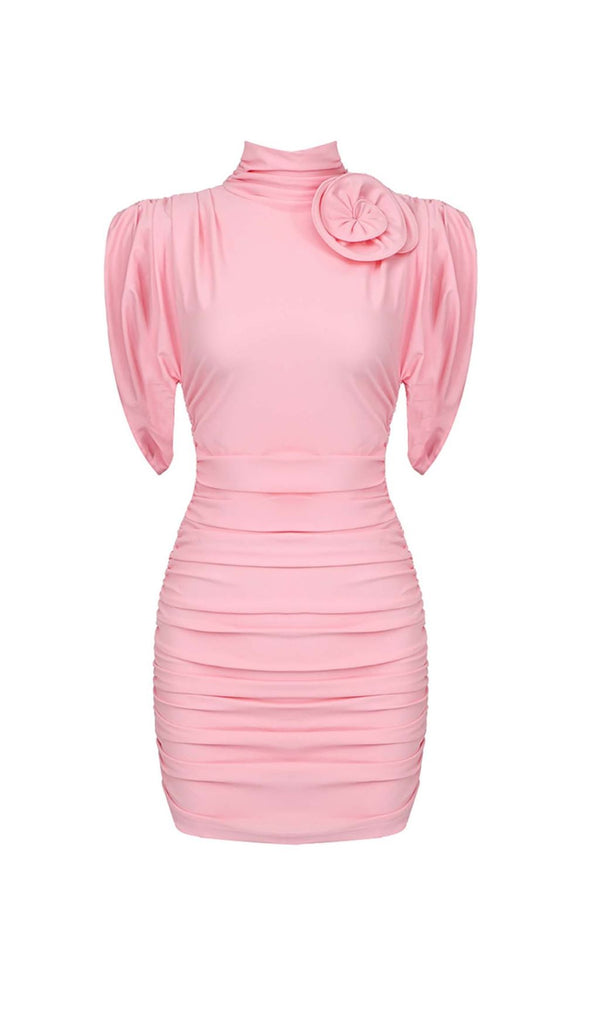 FLOWER-EMBELLISHED RUCHED MINI DRESS IN PINK