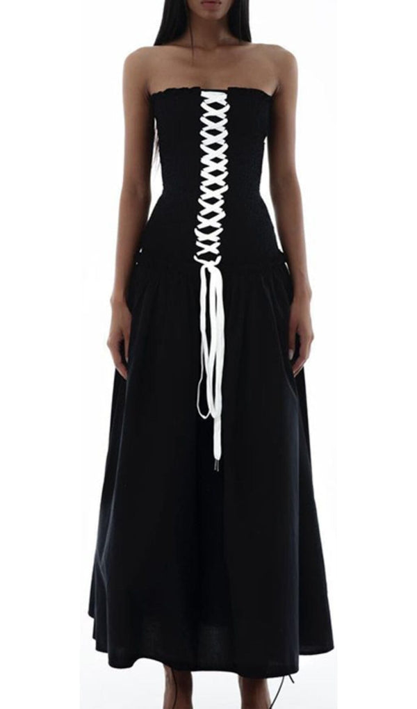 FRONT LACE UP STRAPLESS MAXI DRESS IN BLACK DRESS sis label 