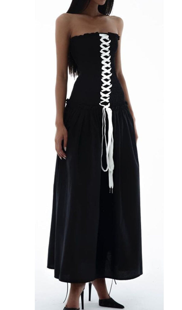 FRONT LACE UP STRAPLESS MAXI DRESS IN BLACK DRESS sis label 