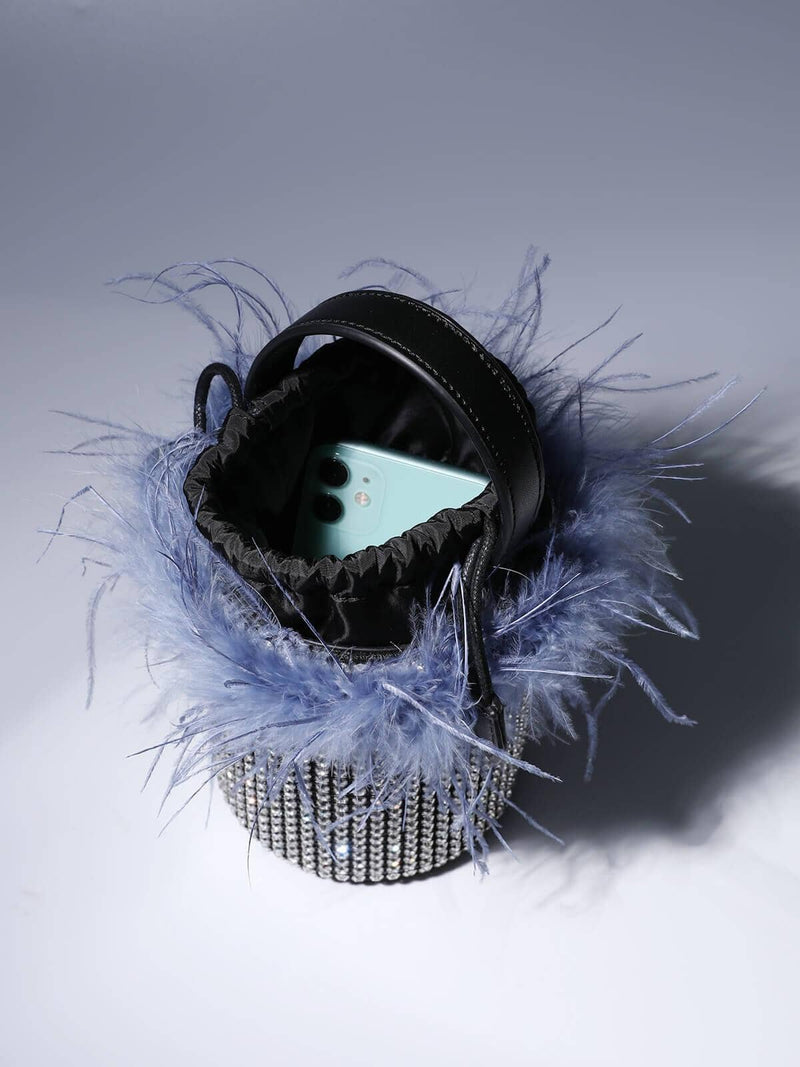 FEATHER RHINESTONE BUCKET BAG IN BLUE Bags Oh CICI 