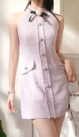 HALTER BOW NECK TWEED MINI DRESS IN LILAC DRESS STYLE OF CB