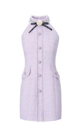 HALTER BOW NECK TWEED MINI DRESS IN LILAC DRESS STYLE OF CB