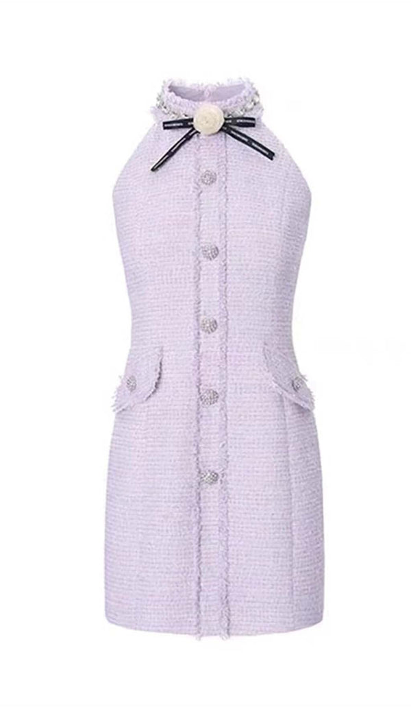 HALTER BOW NECK TWEED MINI DRESS IN LILAC DRESS STYLE OF CB