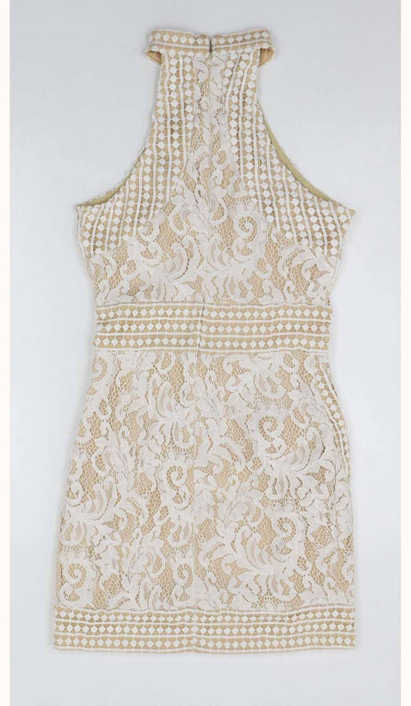 HIGH NECK CROCHET MINI DRESS IN BEIGE DRESS styleofcbdress 