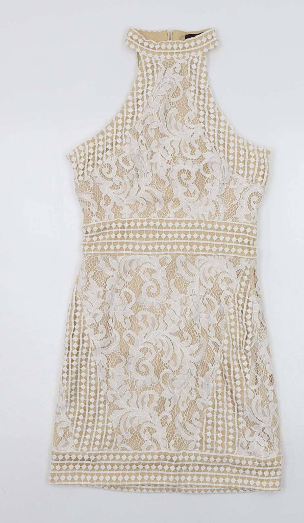 HIGH NECK CROCHET MINI DRESS IN BEIGE DRESS styleofcbdress 