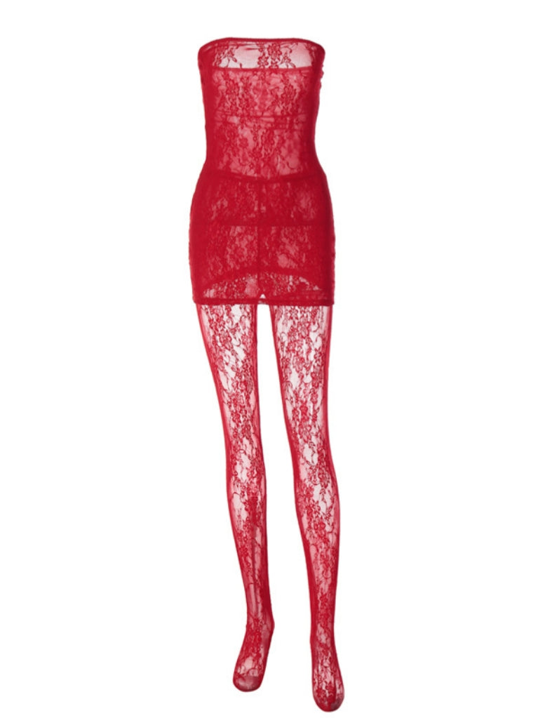 STRAPLESS LACE MINI DRESS IN RED