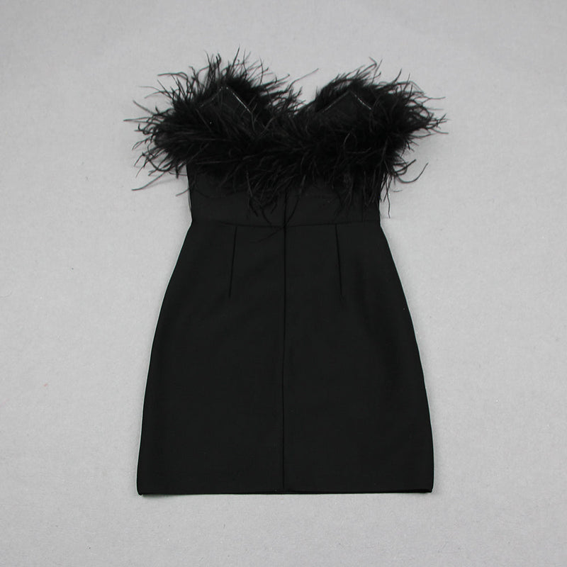 BLACK BANDEAU FEATHER MINI DRESS