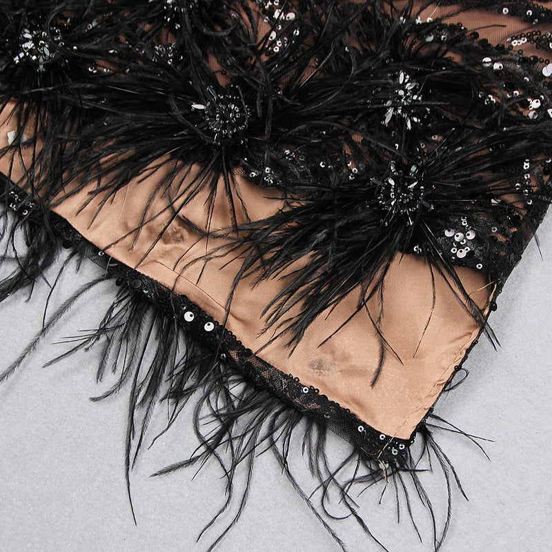 FEATHER DETAIL SEQUIN MINI DRESS IN BLACK