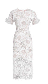 LACE HOLLOW EMBROIDERY A LINE MIDI DRESS IN WHITE DRESS sis label 