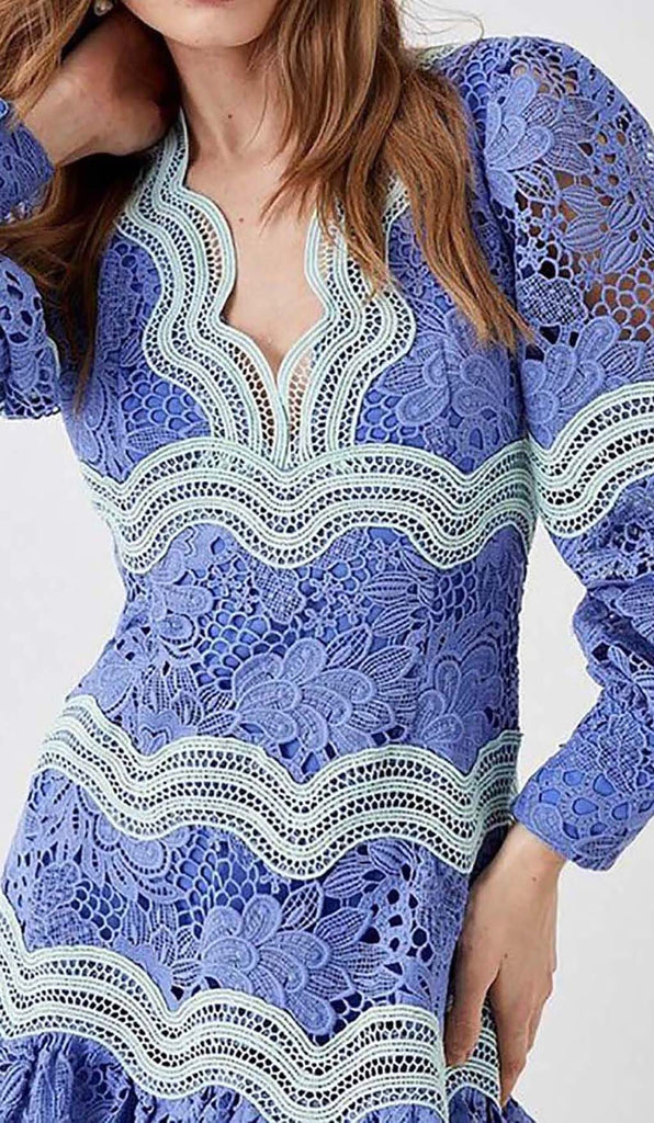 LACE SLEEVE TRIM DETAIL MINI DRESS IN BLUE DRESS styleofcb 