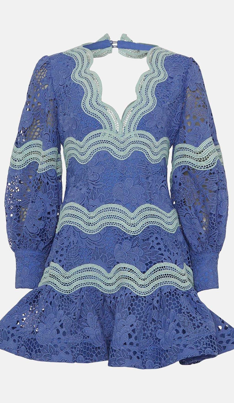 LACE SLEEVE TRIM DETAIL MINI DRESS IN BLUE DRESS styleofcb 