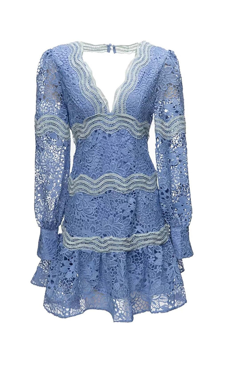 LACE SLEEVE TRIM DETAIL MINI DRESS IN BLUE DRESS styleofcb 