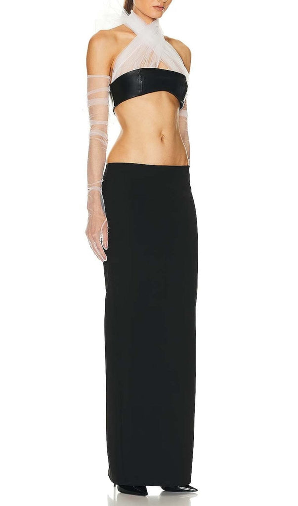 LEATHER BANDEAU CROSSOVER TULLE TWO PIECE IN BLACK DRESS styleofcbdress 