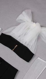 LEATHER BANDEAU CROSSOVER TULLE TWO PIECE IN BLACK DRESS styleofcbdress 