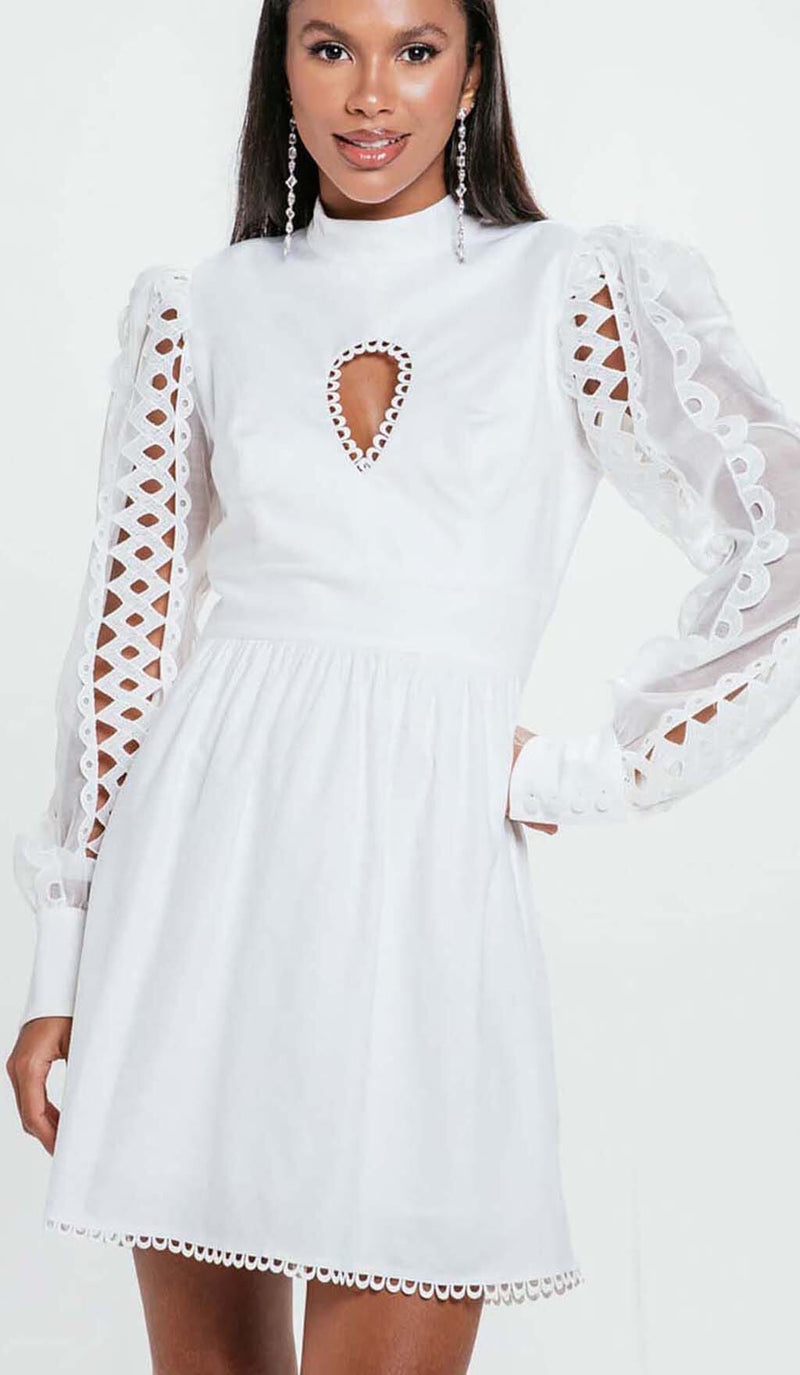 LONG SLEEVE EYELET EMBELLISHMENT MINI DRESS IN WHITE DRESS styleofcb 