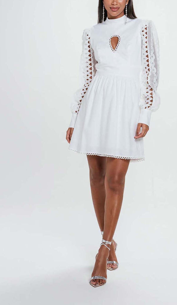 LONG SLEEVE EYELET EMBELLISHMENT MINI DRESS IN WHITE DRESS styleofcb 