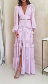 LONG SLEEVE RUFFLE MAXI DRESS IN LILAC DRESS STYLE OF CB