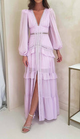 LONG SLEEVE RUFFLE MAXI DRESS IN LILAC DRESS STYLE OF CB