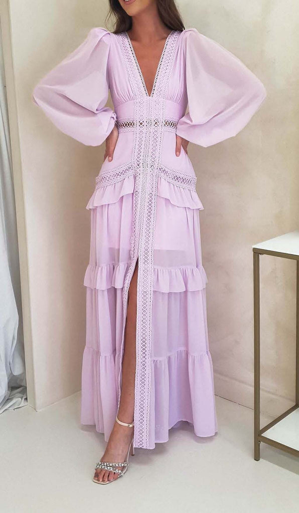 LONG SLEEVE RUFFLE MAXI DRESS IN LILAC DRESS STYLE OF CB