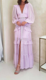 LONG SLEEVE RUFFLE MAXI DRESS IN LILAC DRESS STYLE OF CB