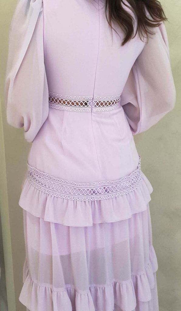 LONG SLEEVE RUFFLE MAXI DRESS IN LILAC DRESS STYLE OF CB