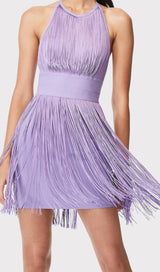 PURPLE HALTER TASSEL BACKLESS MINI DRESS