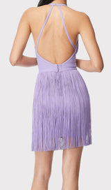 PURPLE HALTER TASSEL BACKLESS MINI DRESS