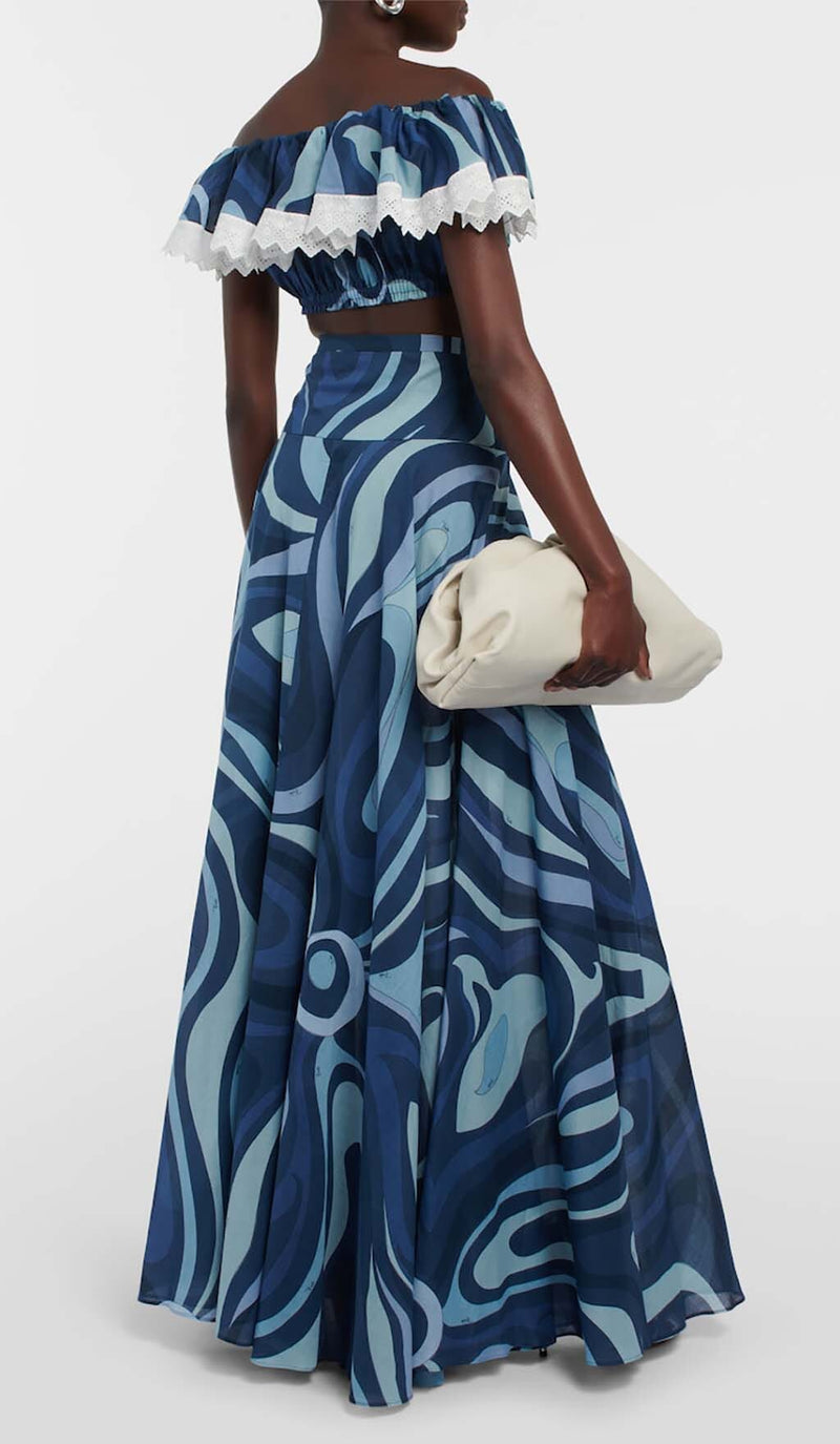 MARMO-PRINT RUFFLE TWO PIECE SET IN BLUE DRESS STYLE OF CB 