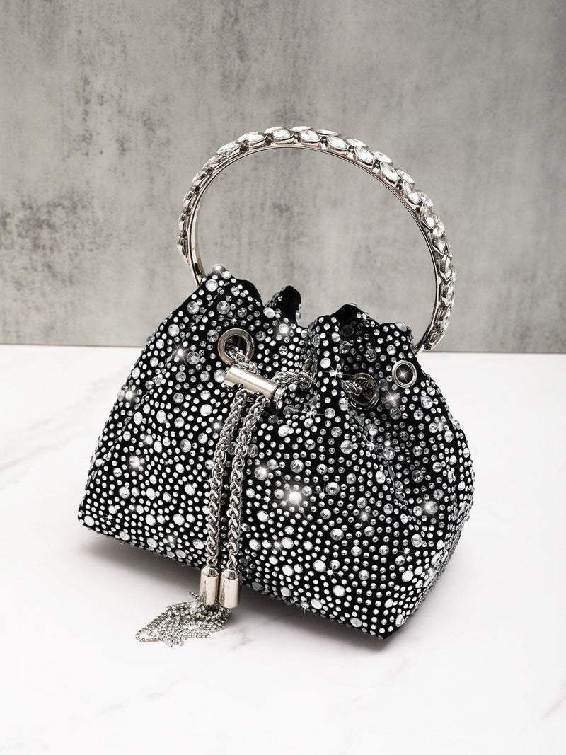 MATTEA CRYSTAL EMBELLISHED BUCKET BAG IN BLACK