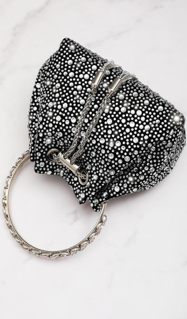 MATTEA CRYSTAL EMBELLISHED BUCKET BAG IN BLACK