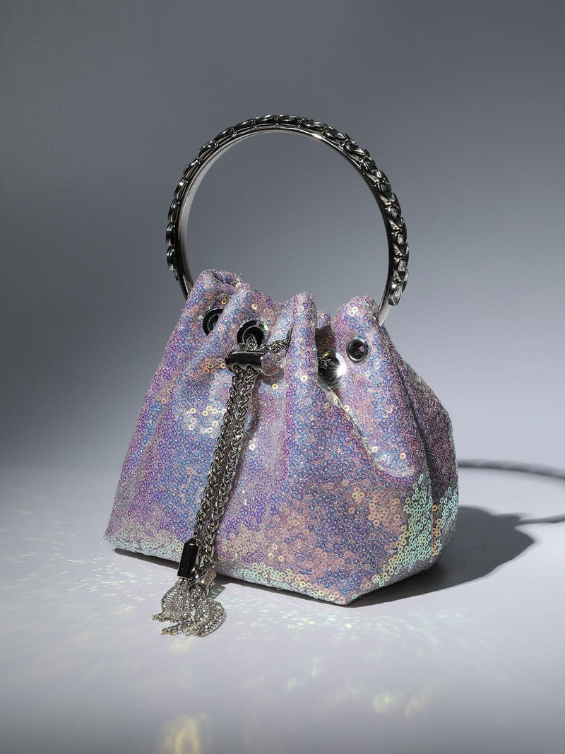 MATTEA CRYSTAL EMBELLISHED SEQUIN BUCKET BAG IN LILAC