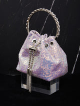 MATTEA CRYSTAL EMBELLISHED SEQUIN BUCKET BAG IN LILAC