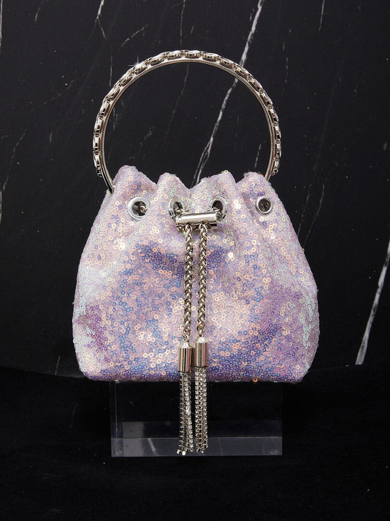 MATTEA CRYSTAL EMBELLISHED SEQUIN BUCKET BAG IN LILAC