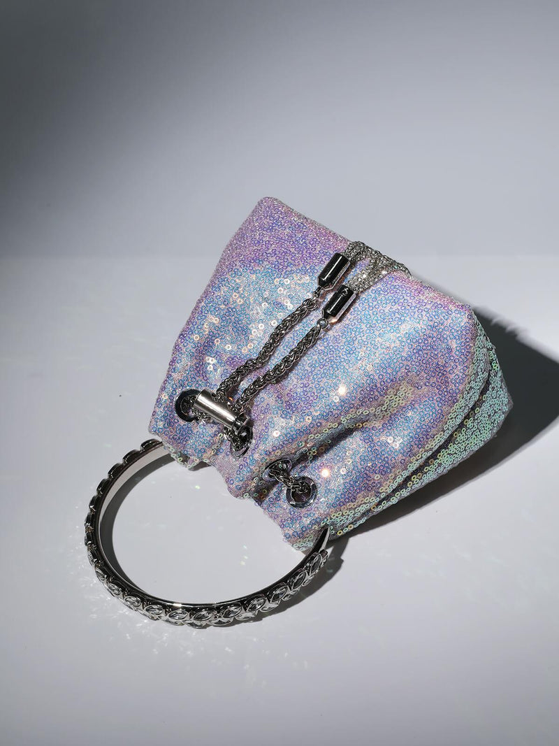 MATTEA CRYSTAL EMBELLISHED SEQUIN BUCKET BAG IN LILAC