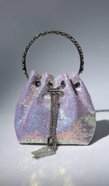 MATTEA CRYSTAL EMBELLISHED SEQUIN BUCKET BAG IN LILAC