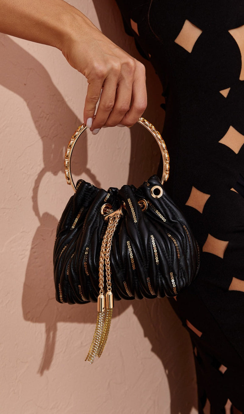 MATTEA LEATHER SEQUIN BUCKET BAG IN BLACK