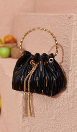 MATTEA LEATHER SEQUIN BUCKET BAG IN BLACK