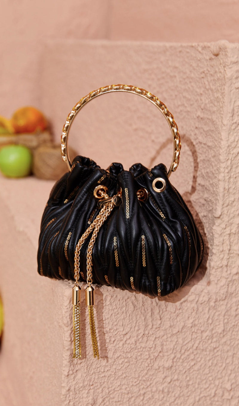 MATTEA LEATHER SEQUIN BUCKET BAG IN BLACK