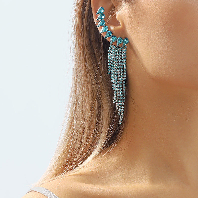 BLUE RHINESTONE TASSEL GEOMETRIC EARRINGS