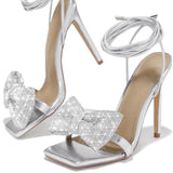 SILVER CROSS-LACE RHINESTONE BOW HEELS