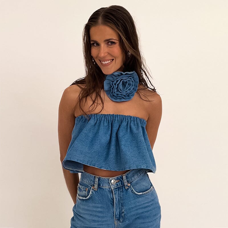 STRAPLESS DENIM TOP WITH CHOKER Tops Oh CICI 